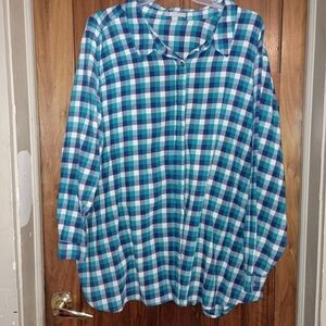 Woman Within Teal and Navy Plaid Shirt